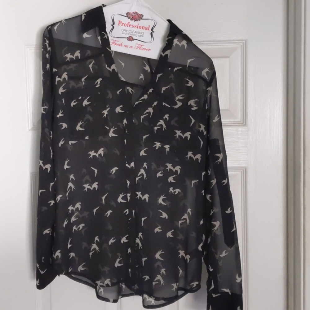 Express, Sheer Black Blouse with White Birds, XS